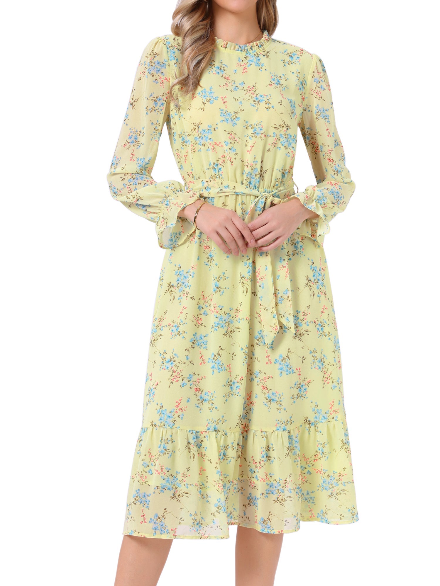 Floral Long Sleeve Belted Flowy Chiffon Midi Dress