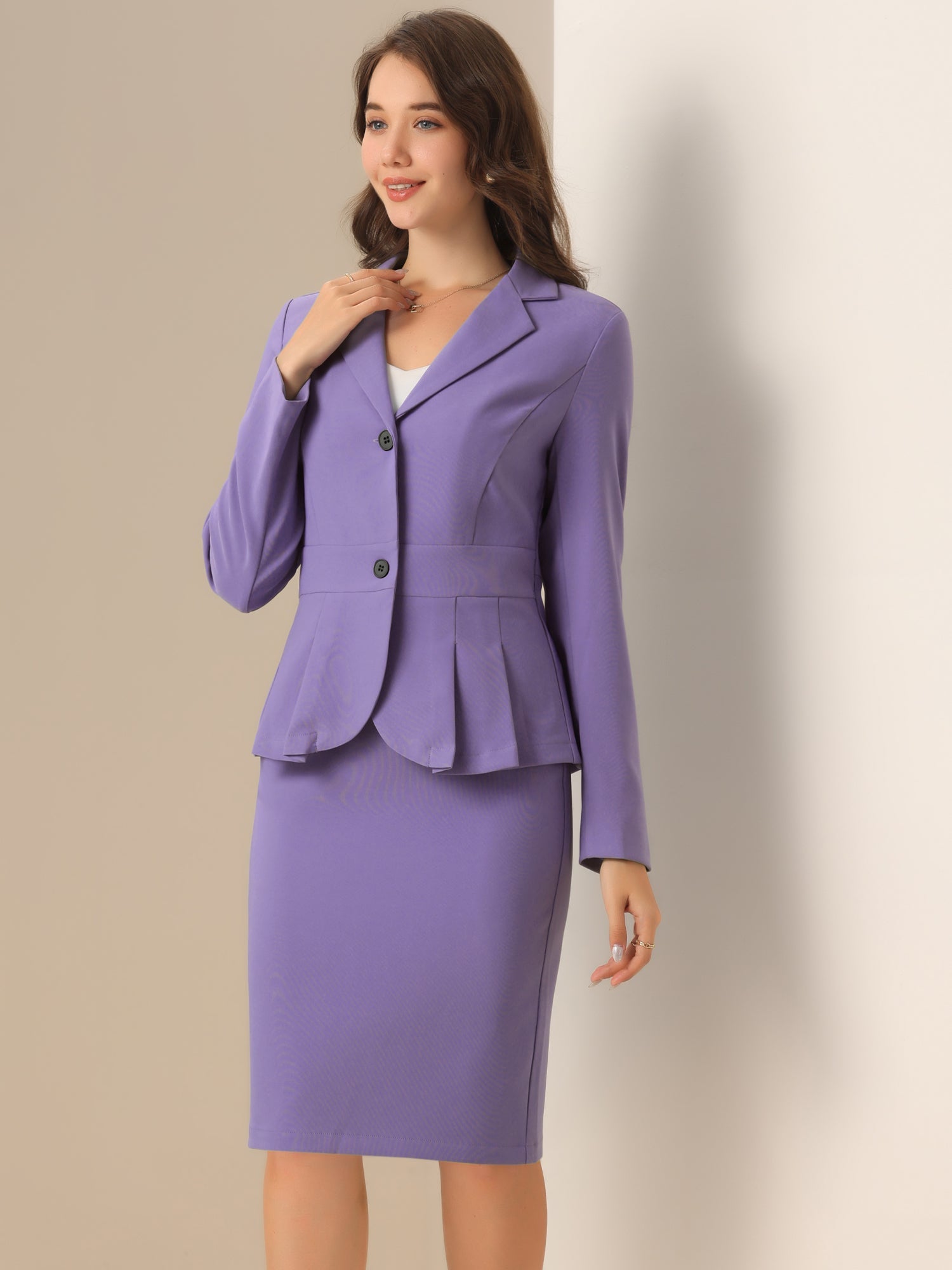 Long Sleeve Notched Lapel Peplum Blazer Pencil Skirt 2 Piece Set