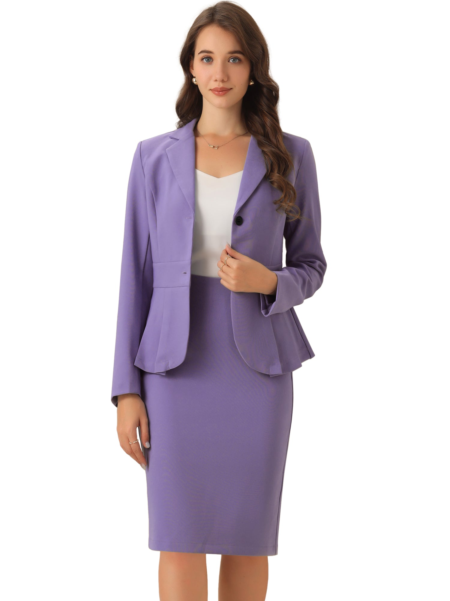 Long Sleeve Notched Lapel Peplum Blazer Pencil Skirt 2 Piece Set