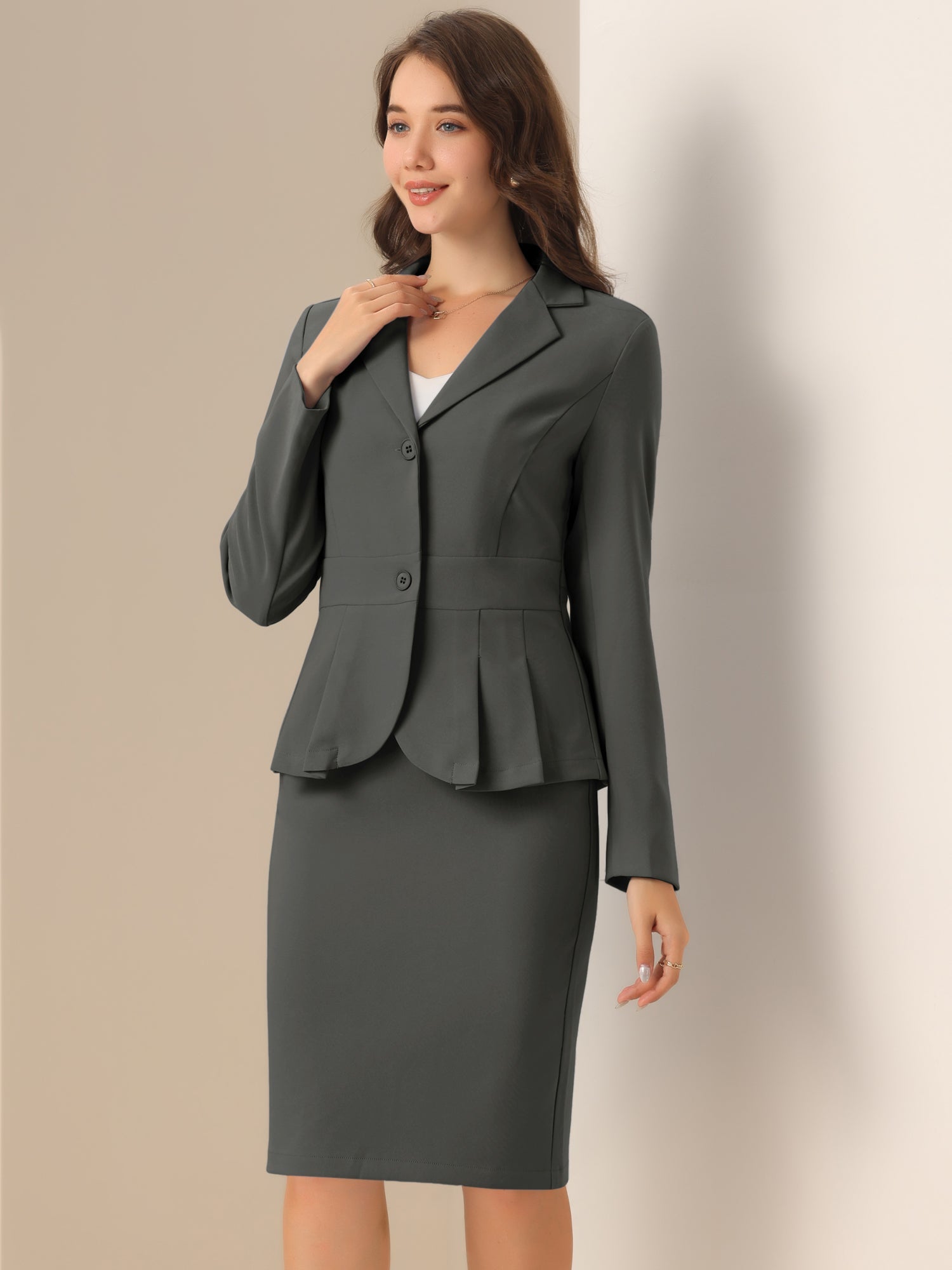 Long Sleeve Notched Lapel Peplum Blazer Pencil Skirt 2 Piece Set