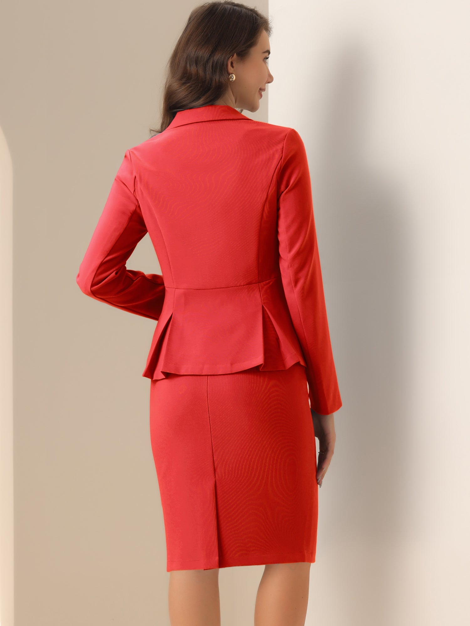 Long Sleeve Notched Lapel Peplum Blazer Pencil Skirt 2 Piece Set