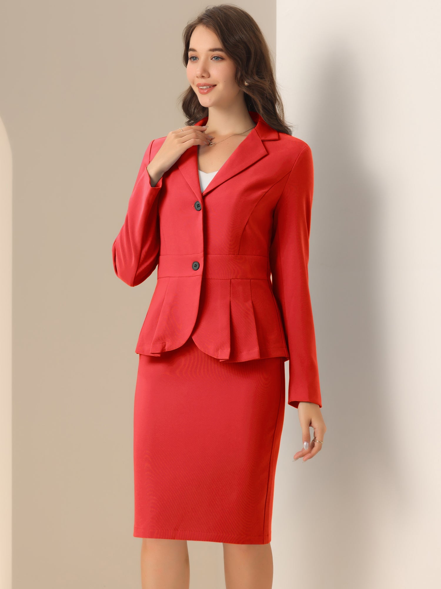 Long Sleeve Notched Lapel Peplum Blazer Pencil Skirt 2 Piece Set