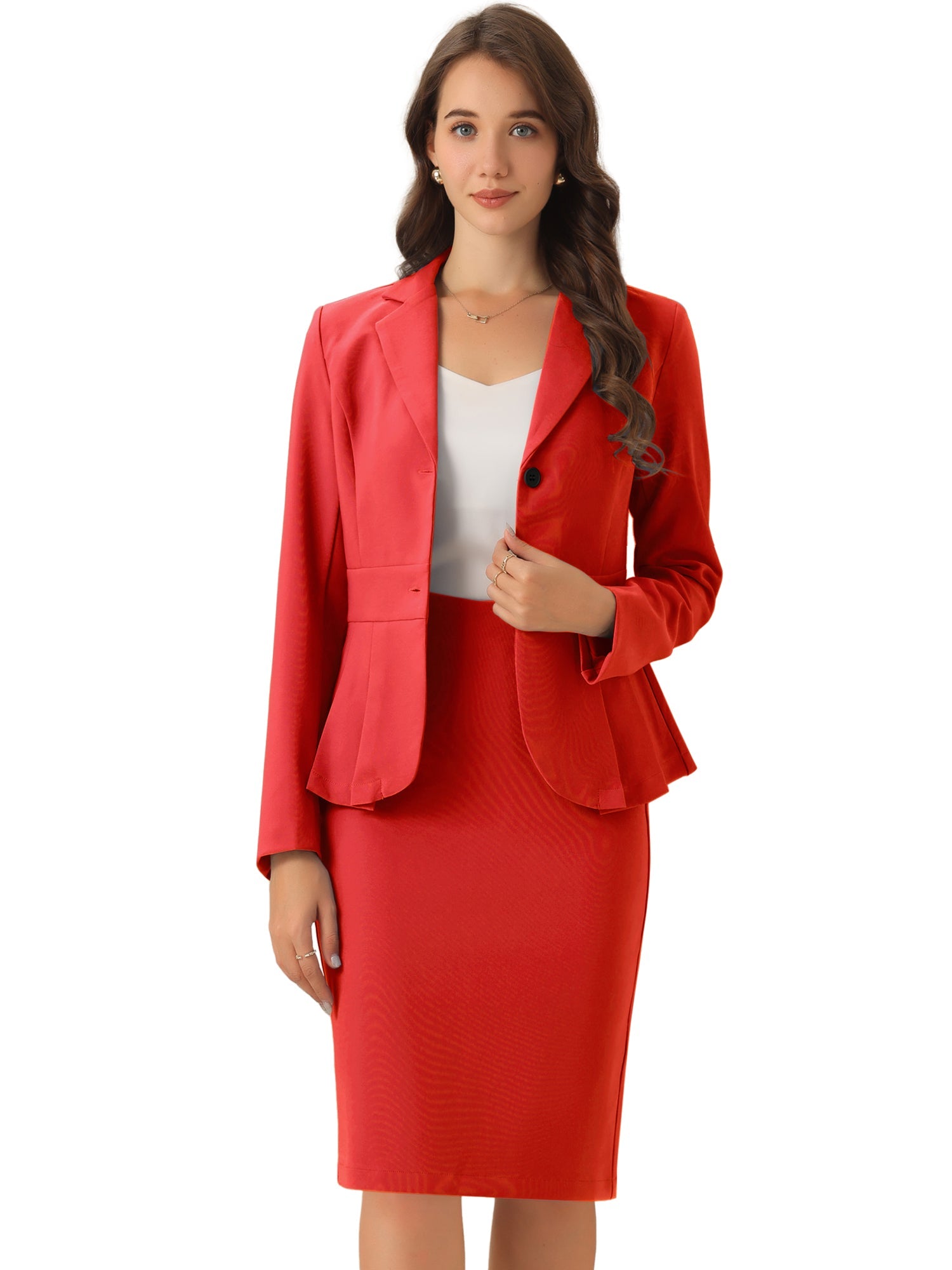 Long Sleeve Notched Lapel Peplum Blazer Pencil Skirt 2 Piece Set