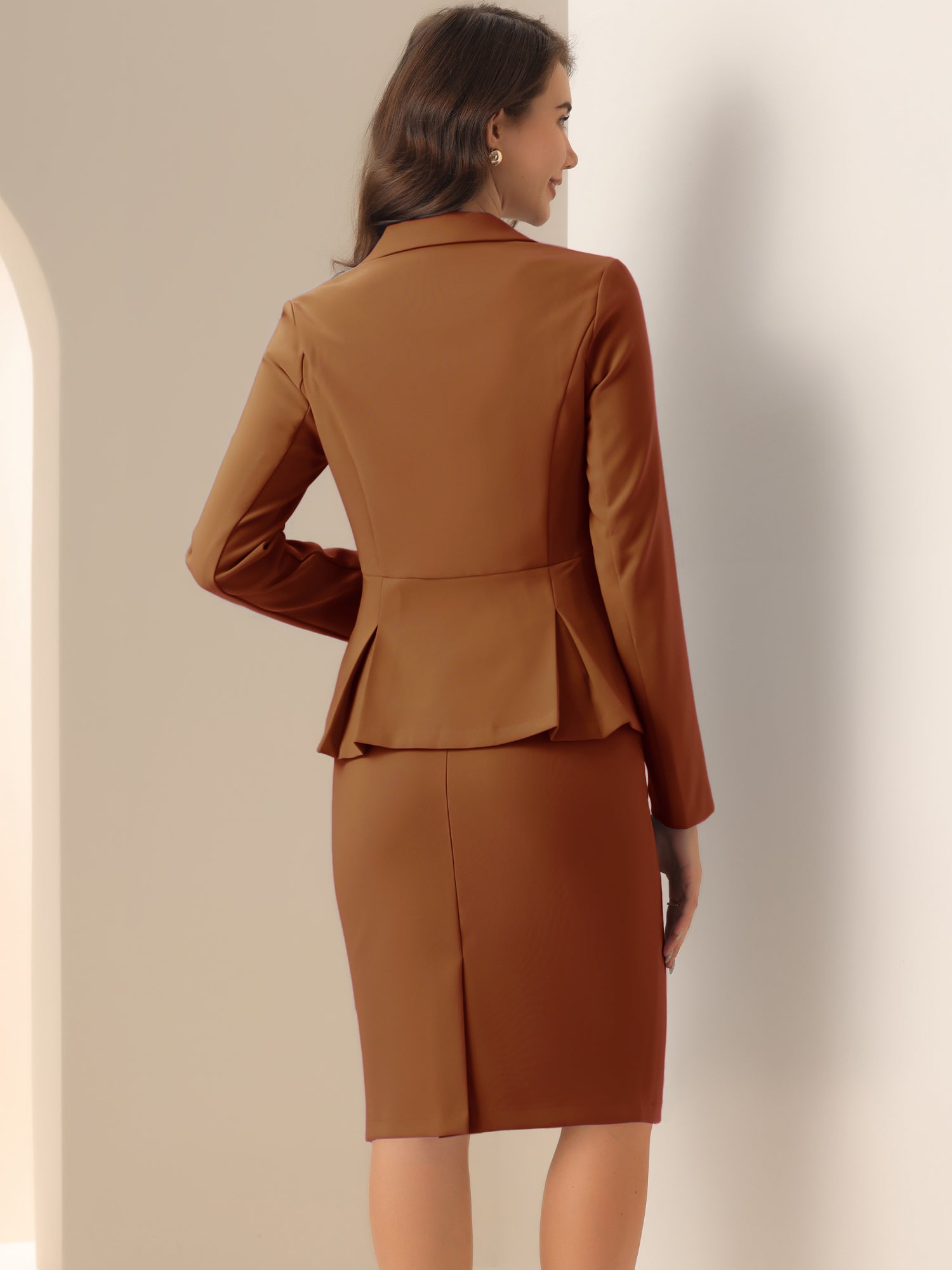 Long Sleeve Notched Lapel Peplum Blazer Pencil Skirt 2 Piece Set