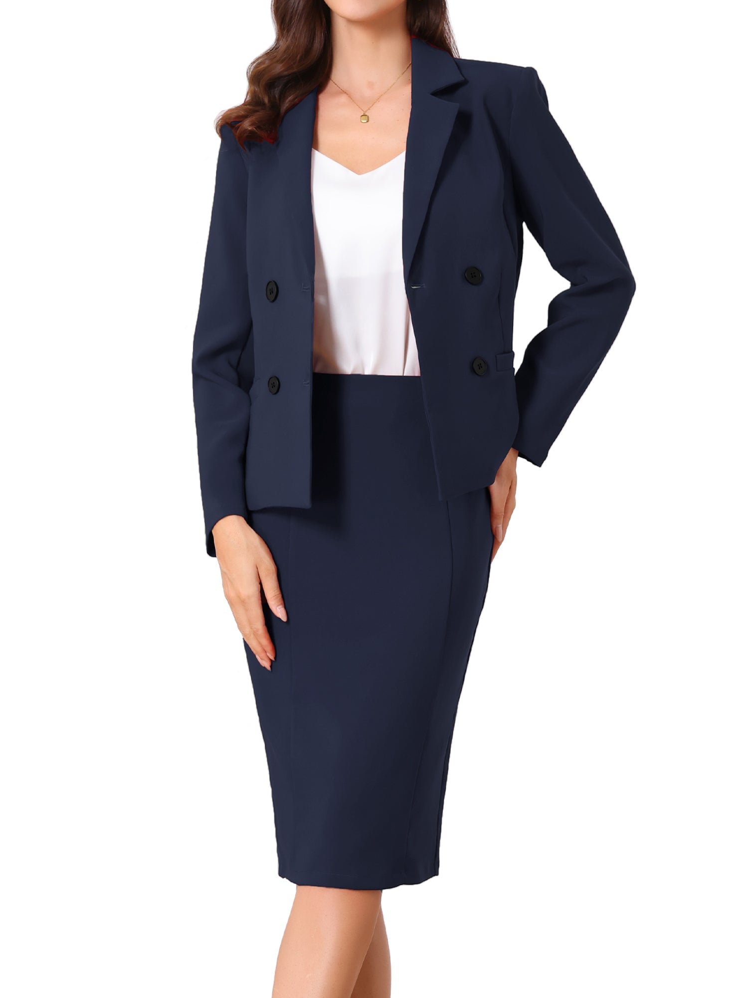 2 Pieces Long Sleeve Work Outfits Blazer and Pencil Skirt Suit Set