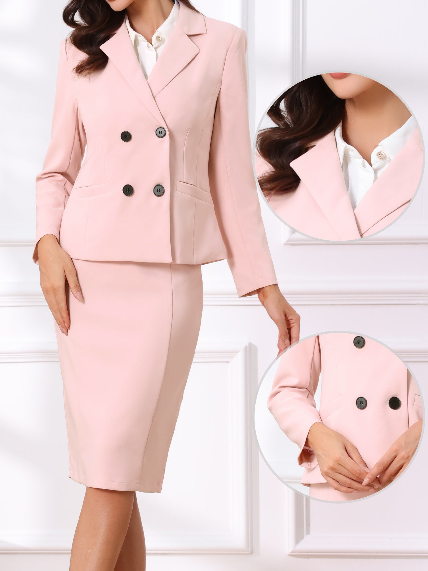 2 Pieces Long Sleeve Work Outfits Blazer and Pencil Skirt Suit Set