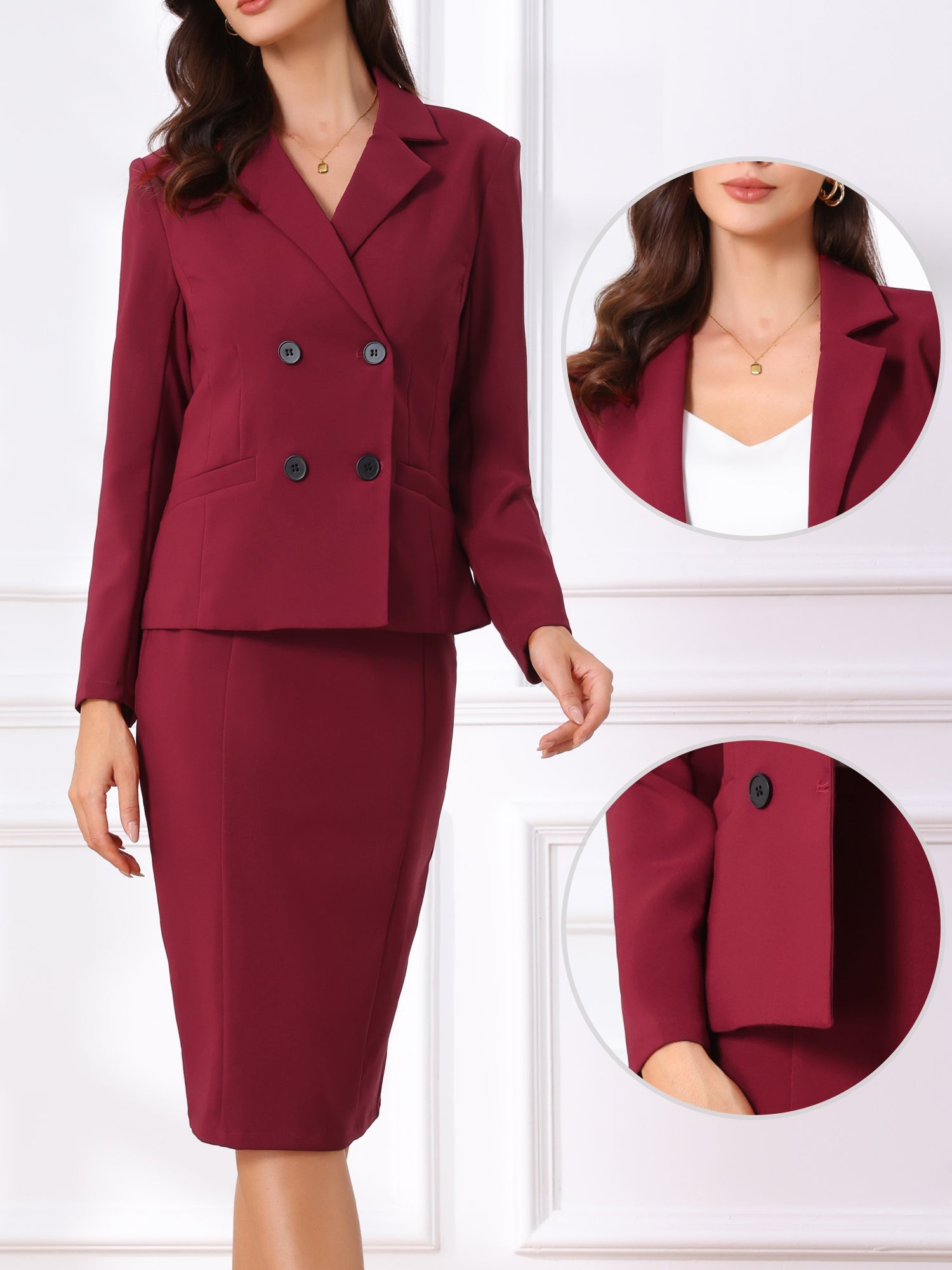 2 Pieces Long Sleeve Work Outfits Blazer and Pencil Skirt Suit Set