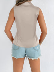 Satin Solid Color Sleeveless Button Down Blouse