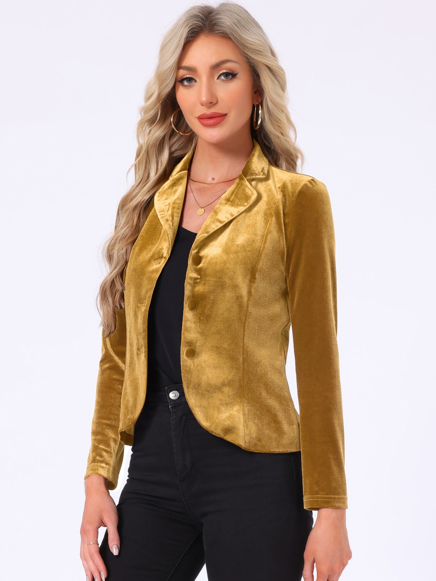 Notched Lapel Long Sleeve Office Business Button Velvet Blazer