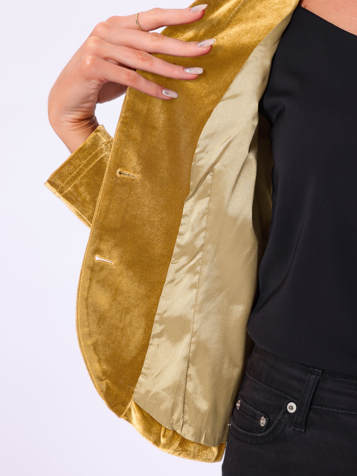 Notched Lapel Long Sleeve Office Business Button Velvet Blazer
