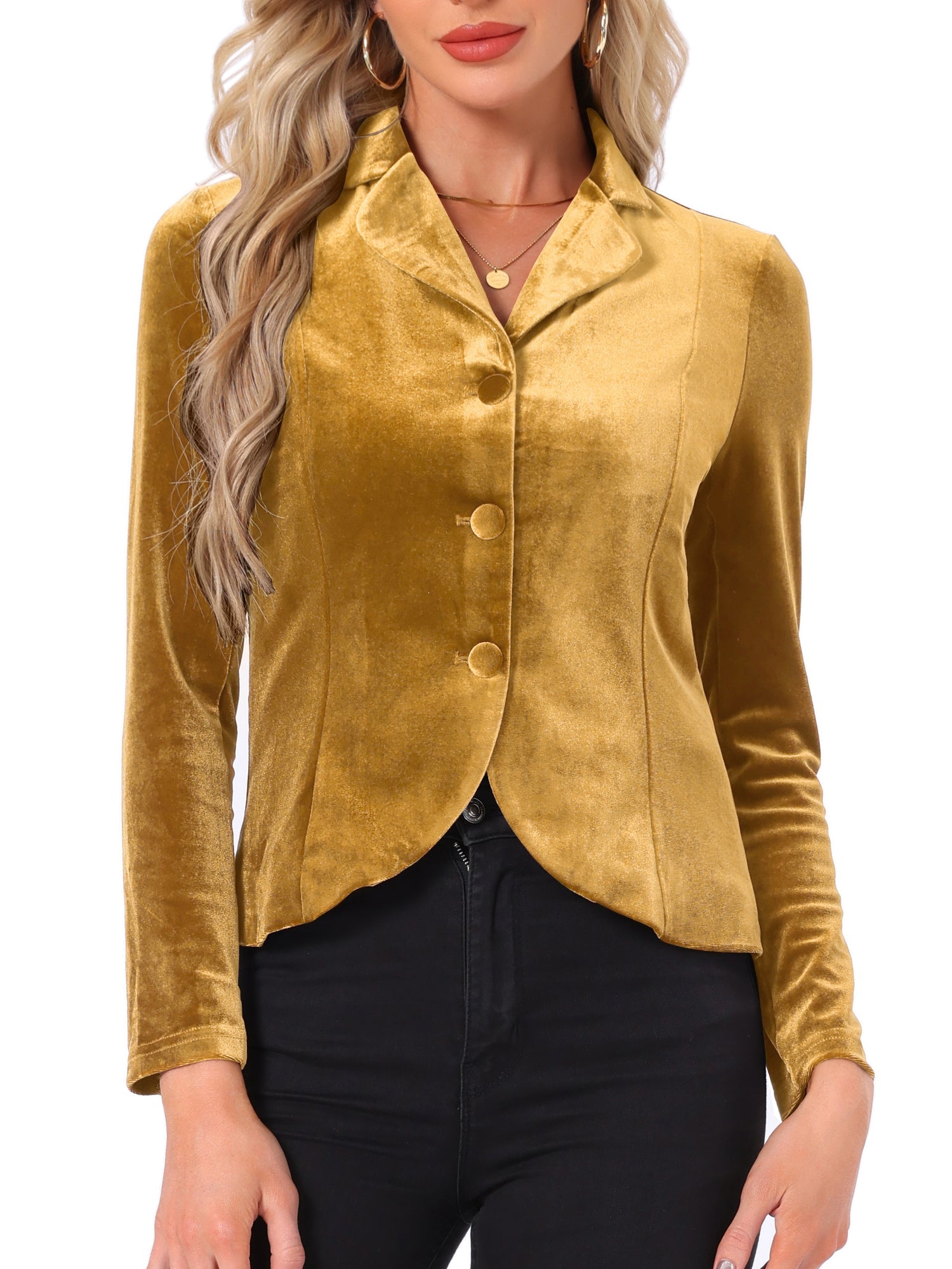 Notched Lapel Long Sleeve Office Business Button Velvet Blazer