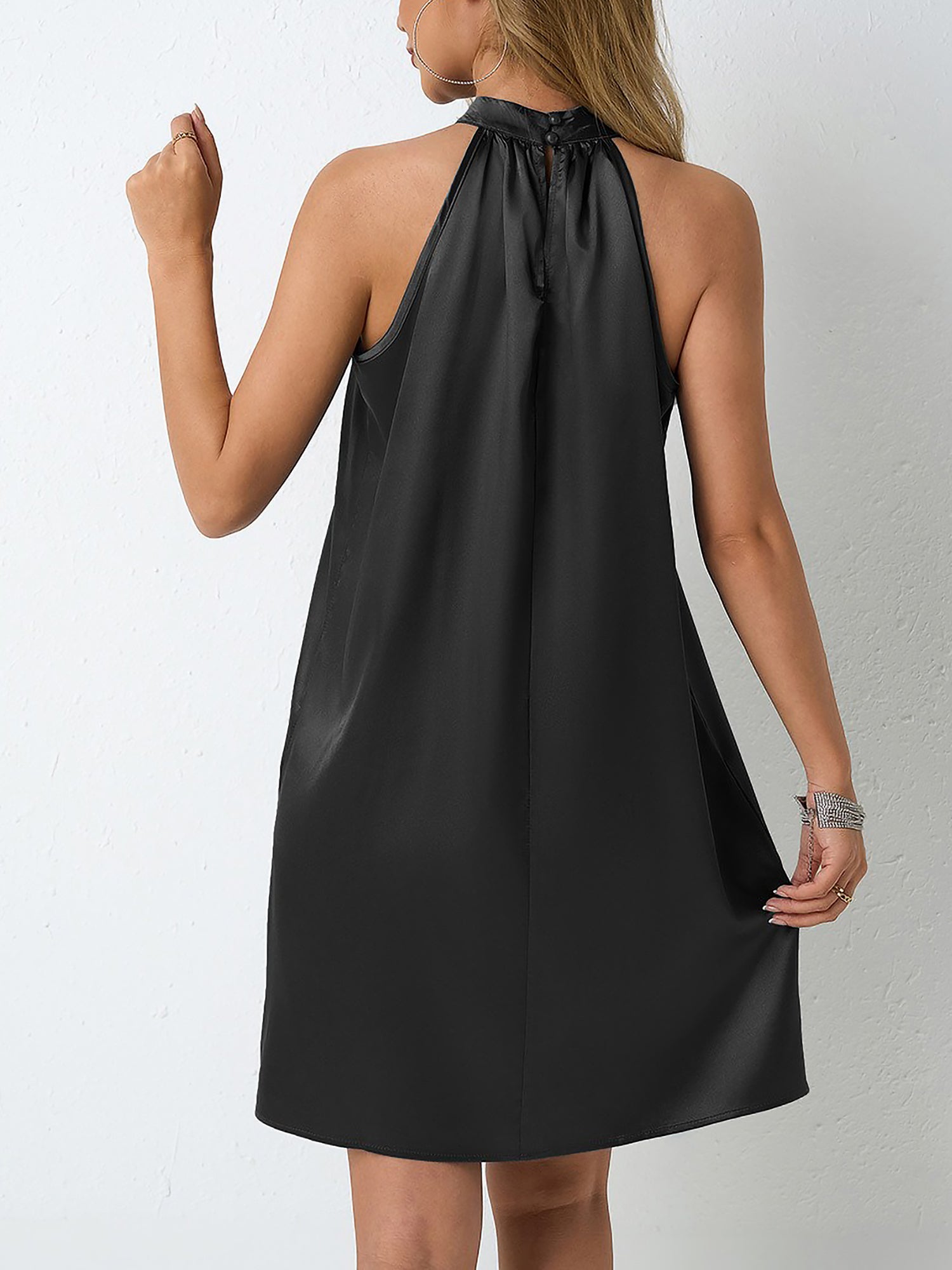 Satin Halter Neck Sleeveless Solid Color Mini Dress