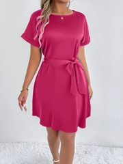 Solid Color Short Sleeve Satin Lace-Up Knee Length Dress