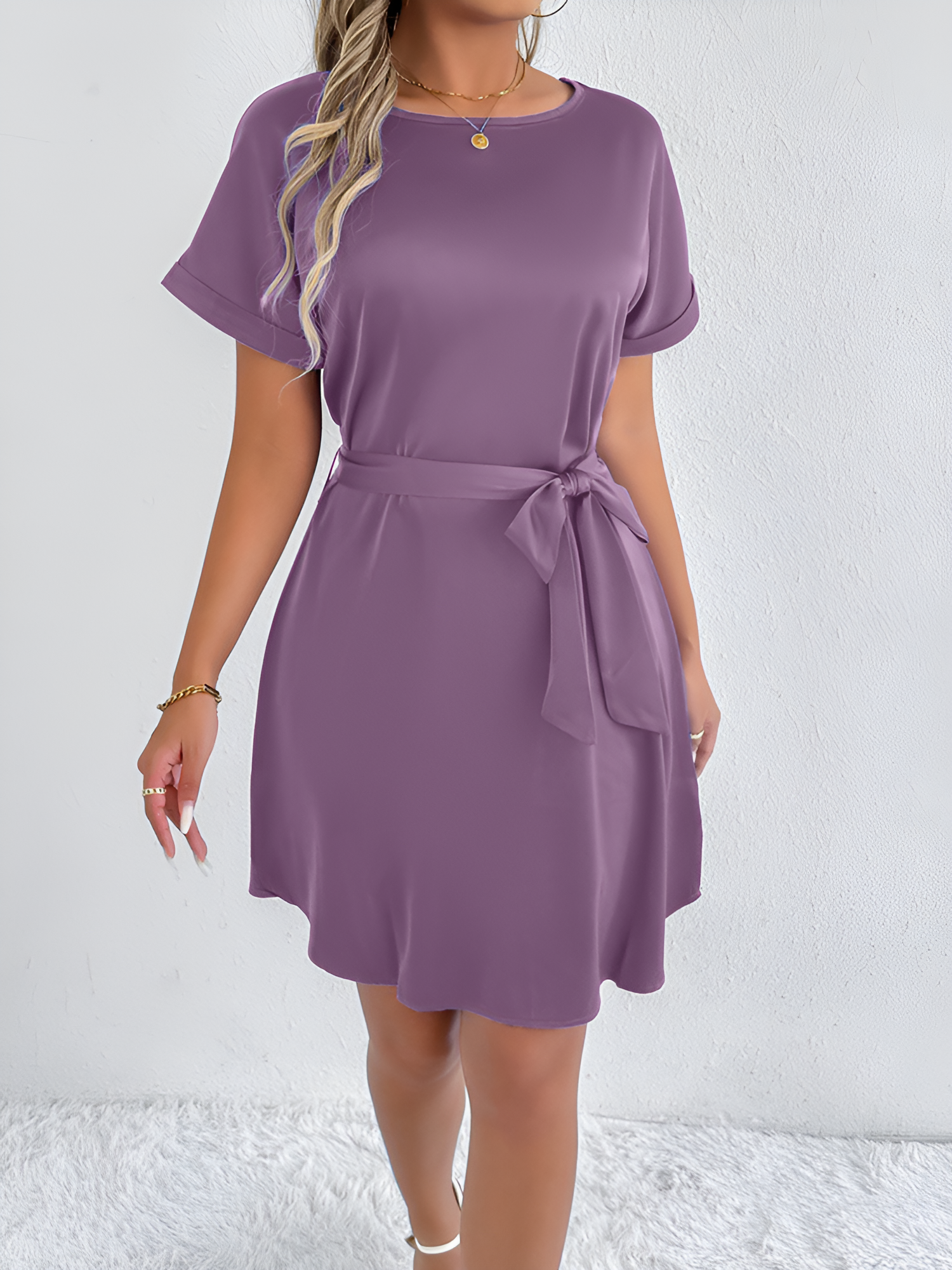 Solid Color Short Sleeve Satin Lace-Up Knee Length Dress
