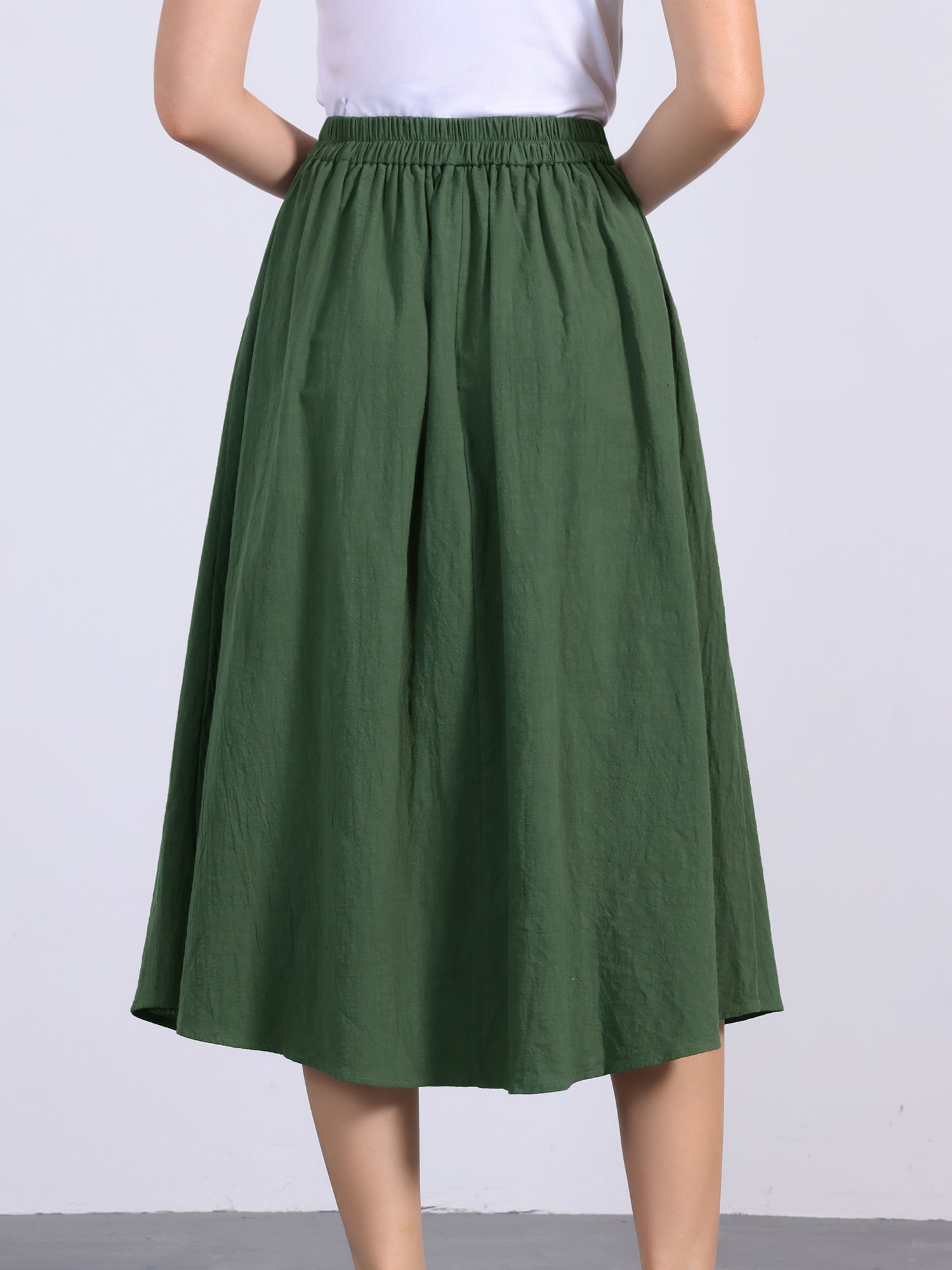 A-Line Elastic Waist Button Front Pocketed Midi Skirt