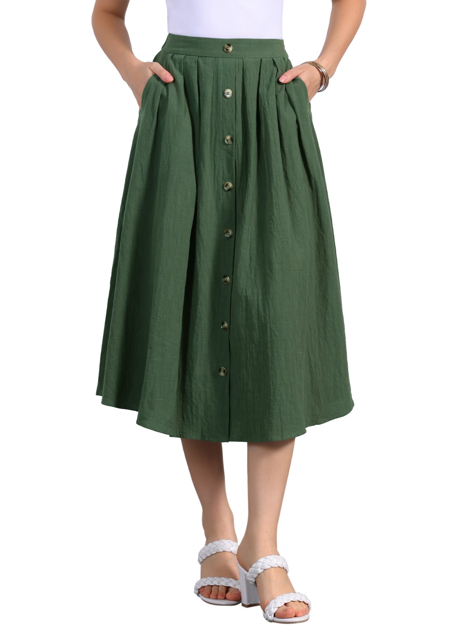 A-Line Elastic Waist Button Front Pocketed Midi Skirt