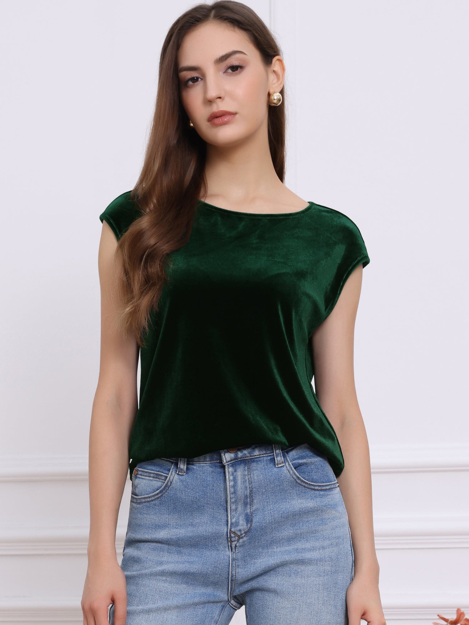 Velvet Cap Sleeve Casual Basic Round Neck Blouse