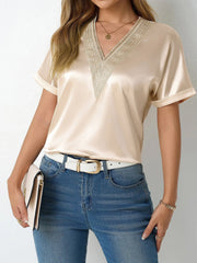 Lace Trim V Neck Satin Short Sleeves Blouse
