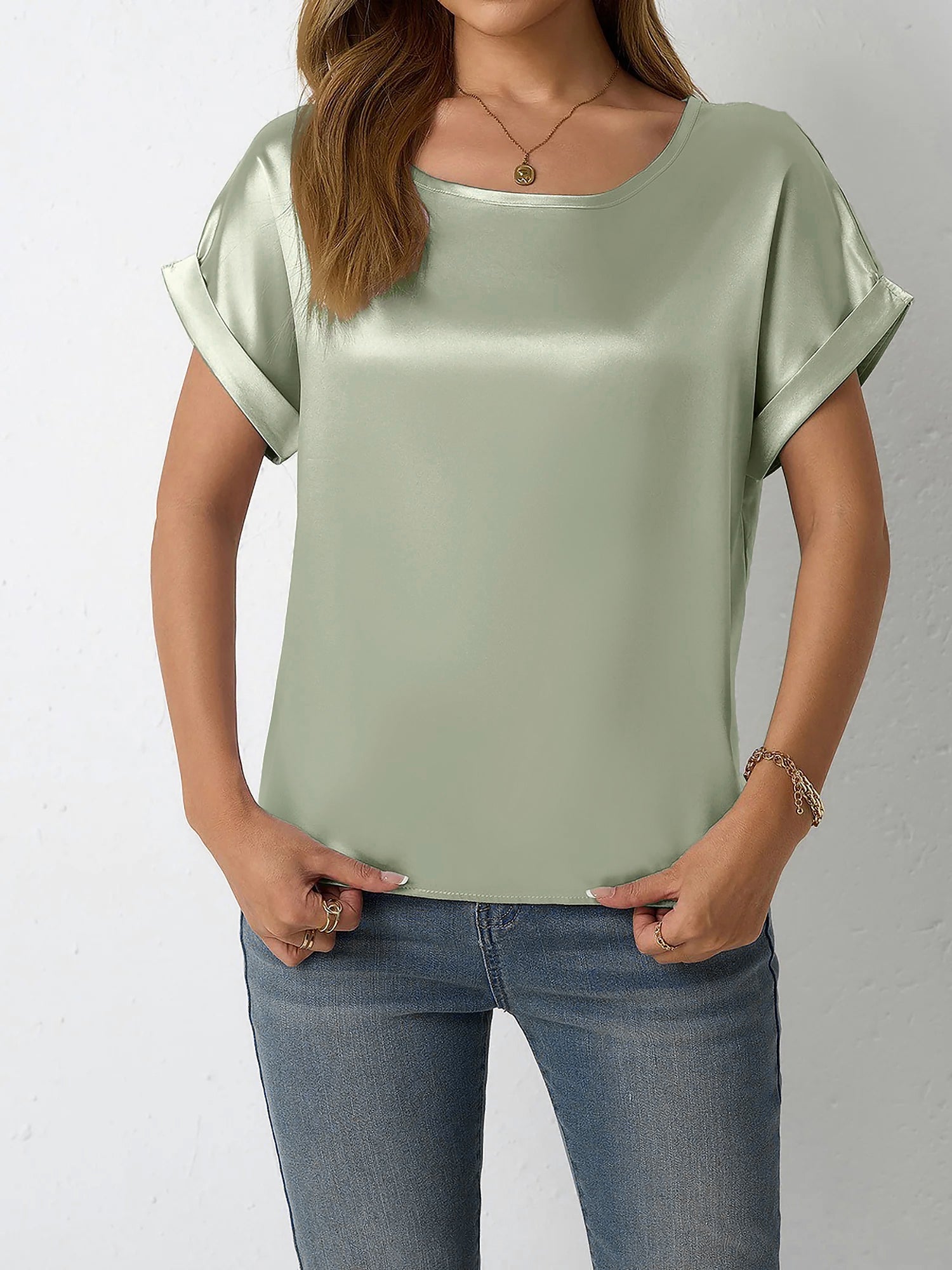 Round Neck Short Sleeves Satin Solid Color Blouse