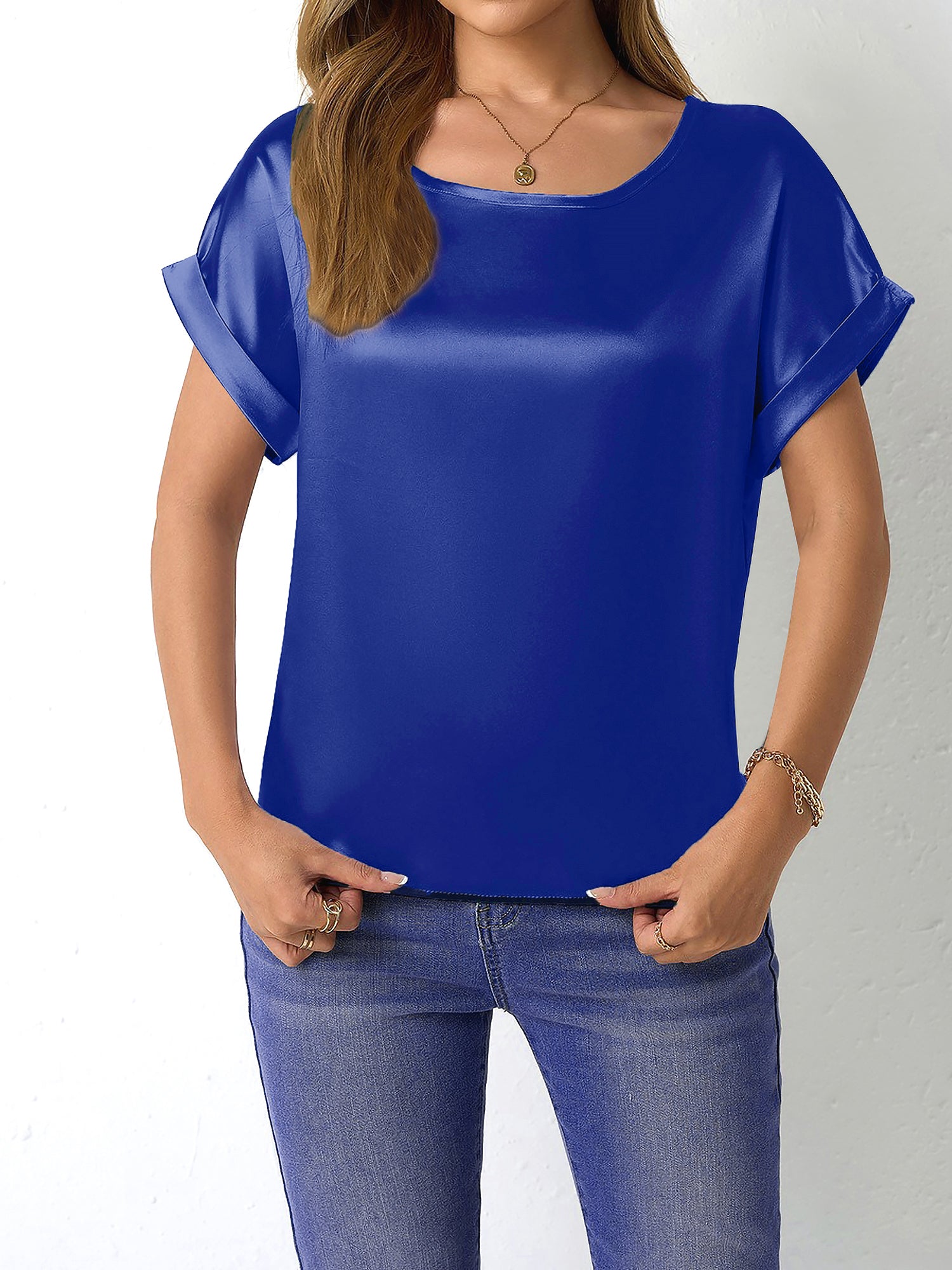 Round Neck Short Sleeves Satin Solid Color Blouse