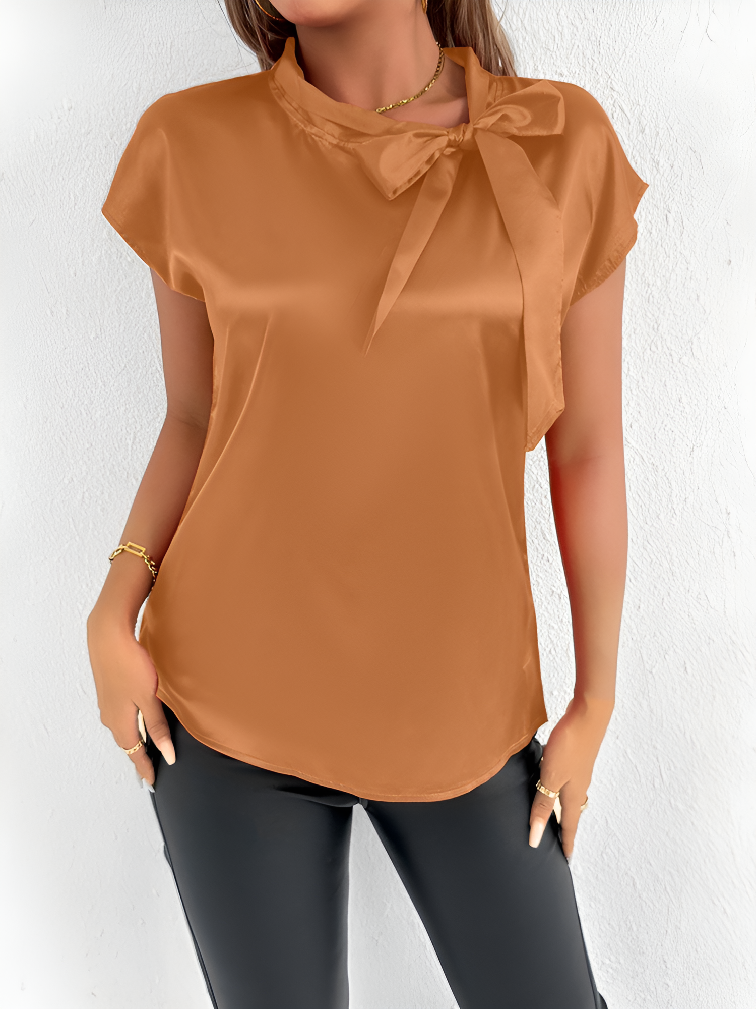 Satin Tie Neck Cap Sleeves Solid Color Blouse