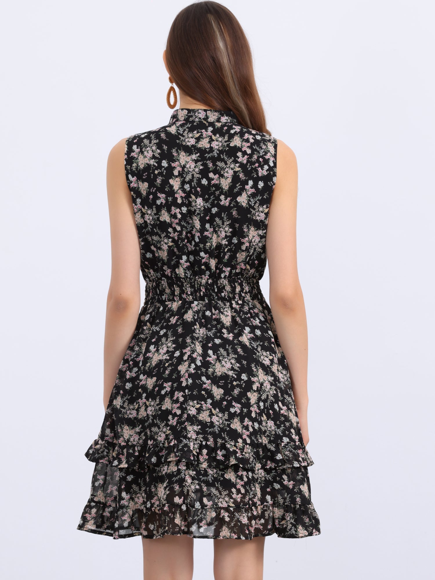 Floral A-line Smocked Waist Tiered Ruffled Chiffon Mini Dress