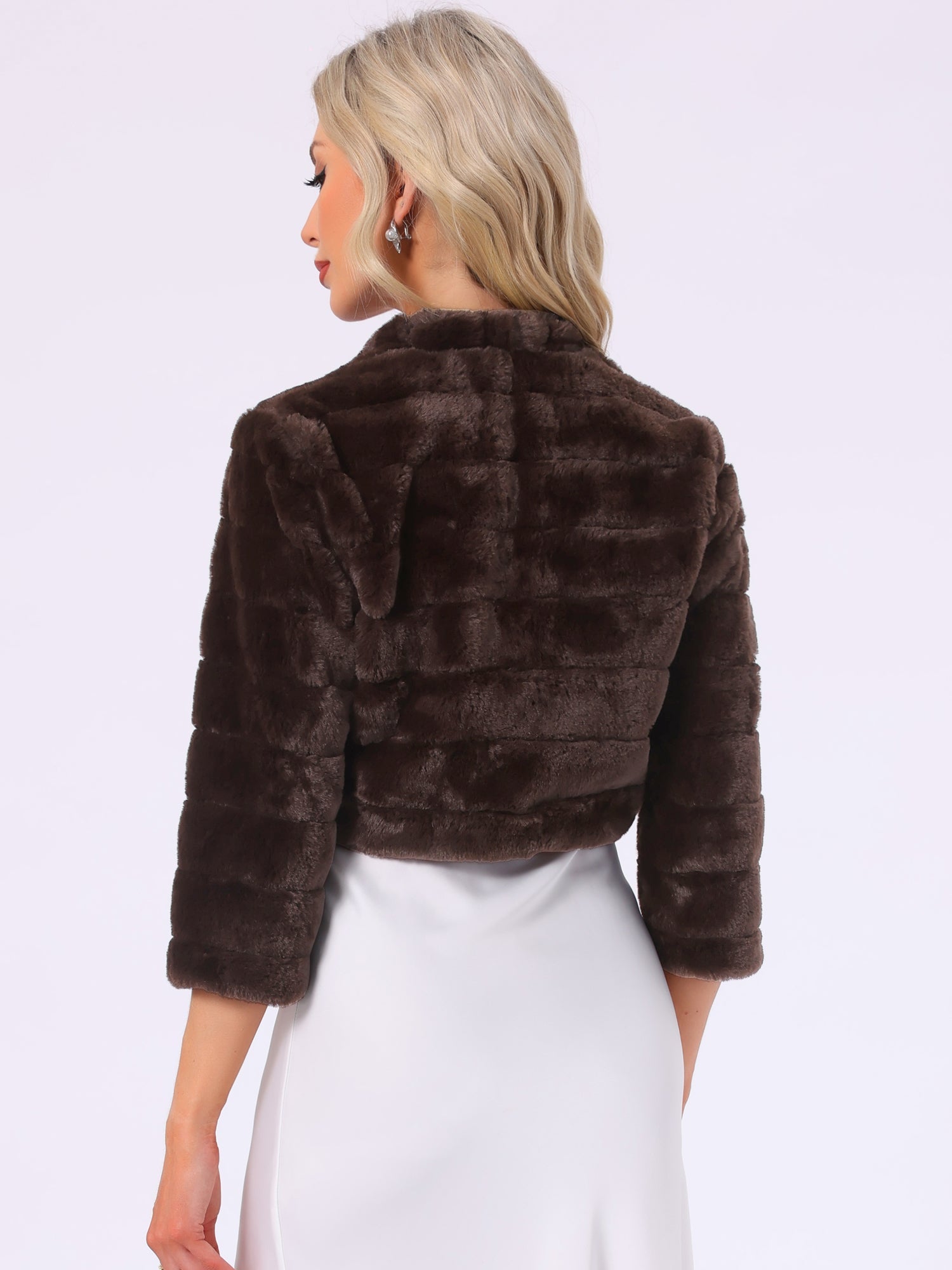Faux Fur 3/4 Sleeves Cocktail Cropped Jacket Bolero Shrug