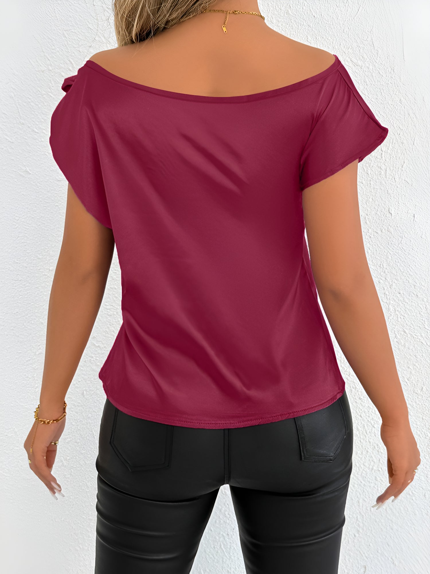 Satin Off Shoulder Bowknot Short Sleeves Blouse