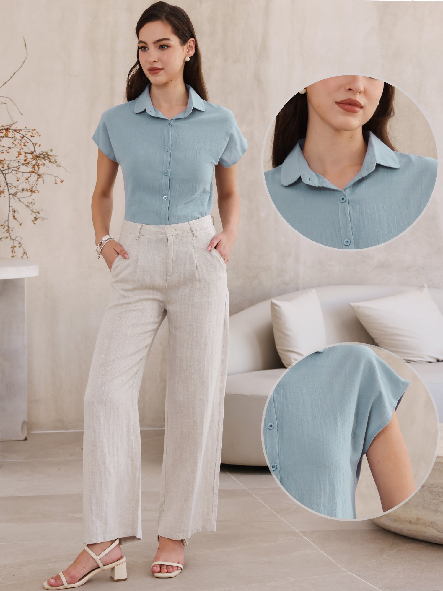 Cotton Linen Button Down Short Sleeve Shirt