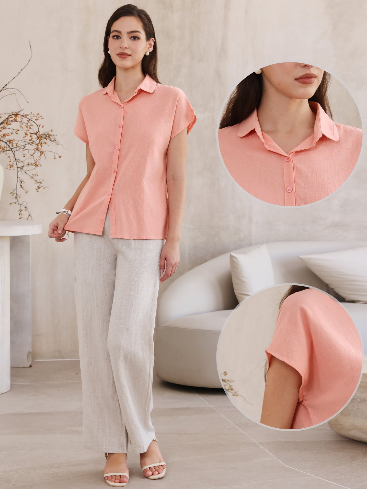 Cotton Linen Button Down Short Sleeve Shirt