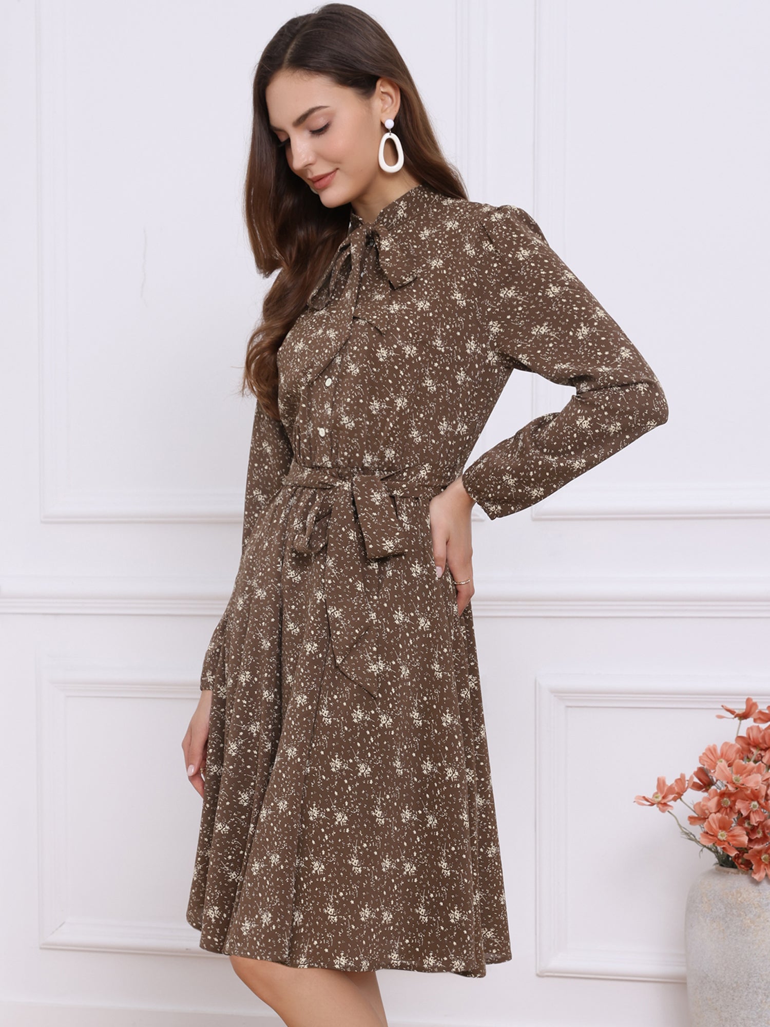 Tie Neck Chiffon Long Sleeve Belted Vintage Floral Dress