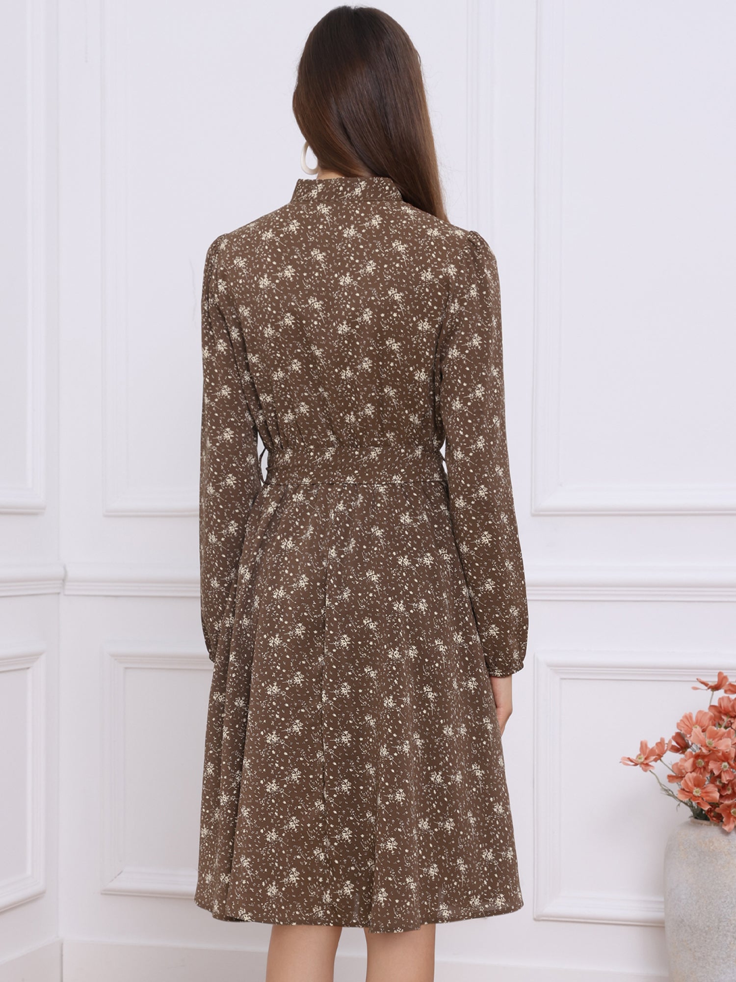 Tie Neck Chiffon Long Sleeve Belted Vintage Floral Dress