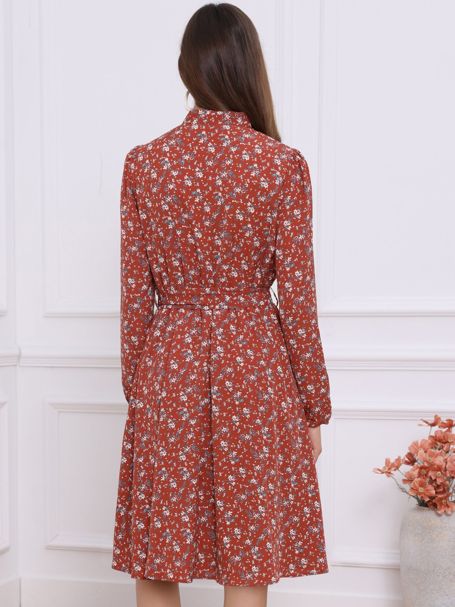 Tie Neck Chiffon Long Sleeve Belted Vintage Floral Dress