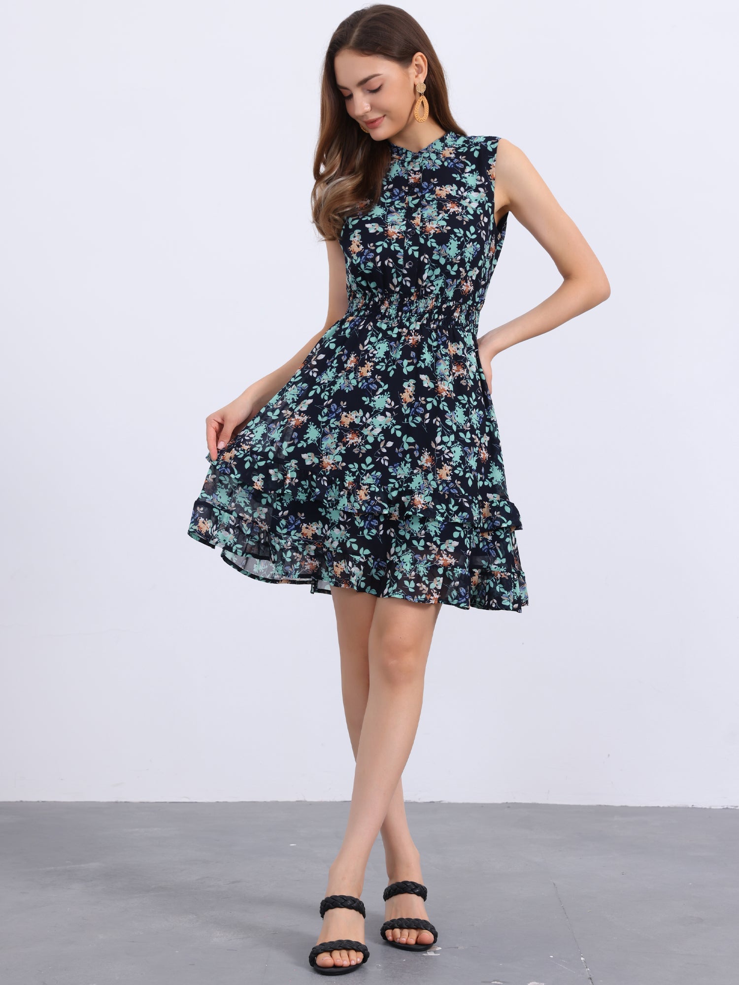 Floral A-line Smocked Waist Tiered Ruffled Chiffon Mini Dress