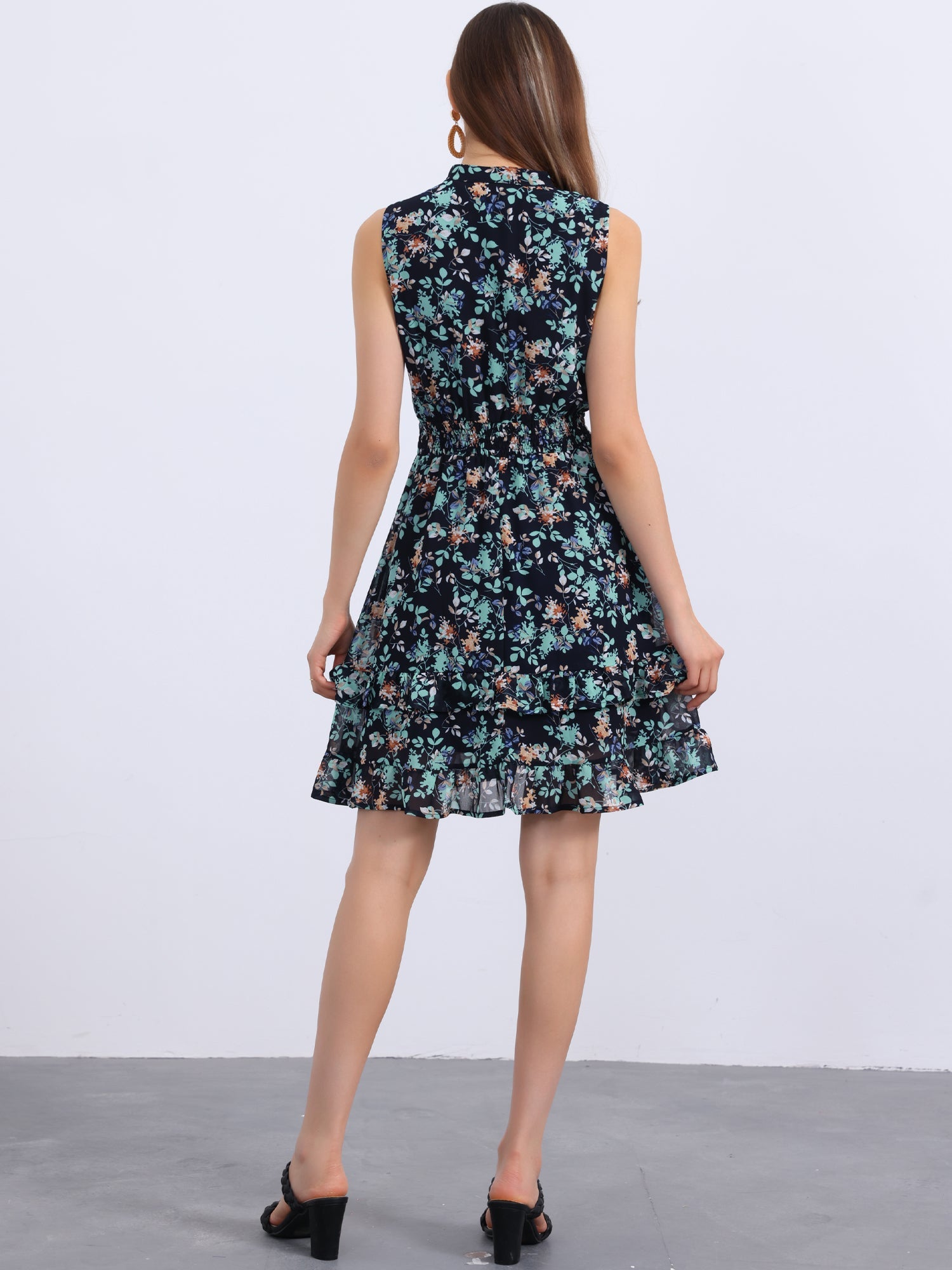 Floral A-line Smocked Waist Tiered Ruffled Chiffon Mini Dress