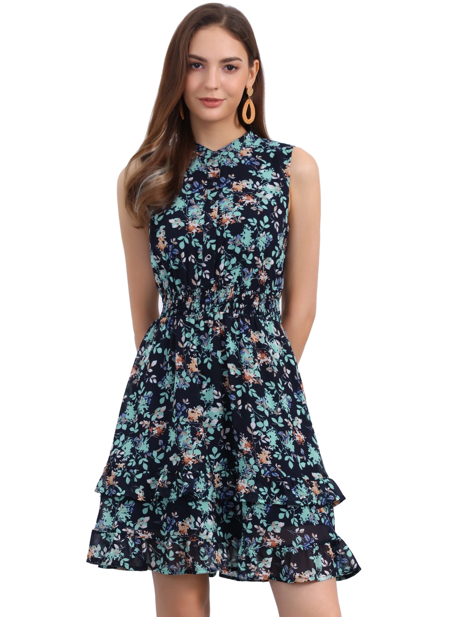 Floral A-line Smocked Waist Tiered Ruffled Chiffon Mini Dress
