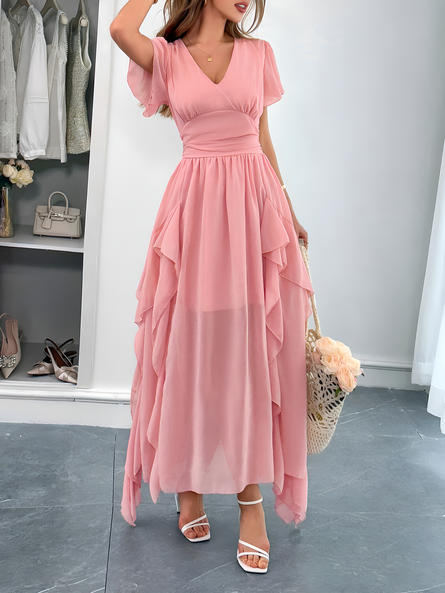 V Neck Ruffled Mesh Short Sleeve Maxi Dress