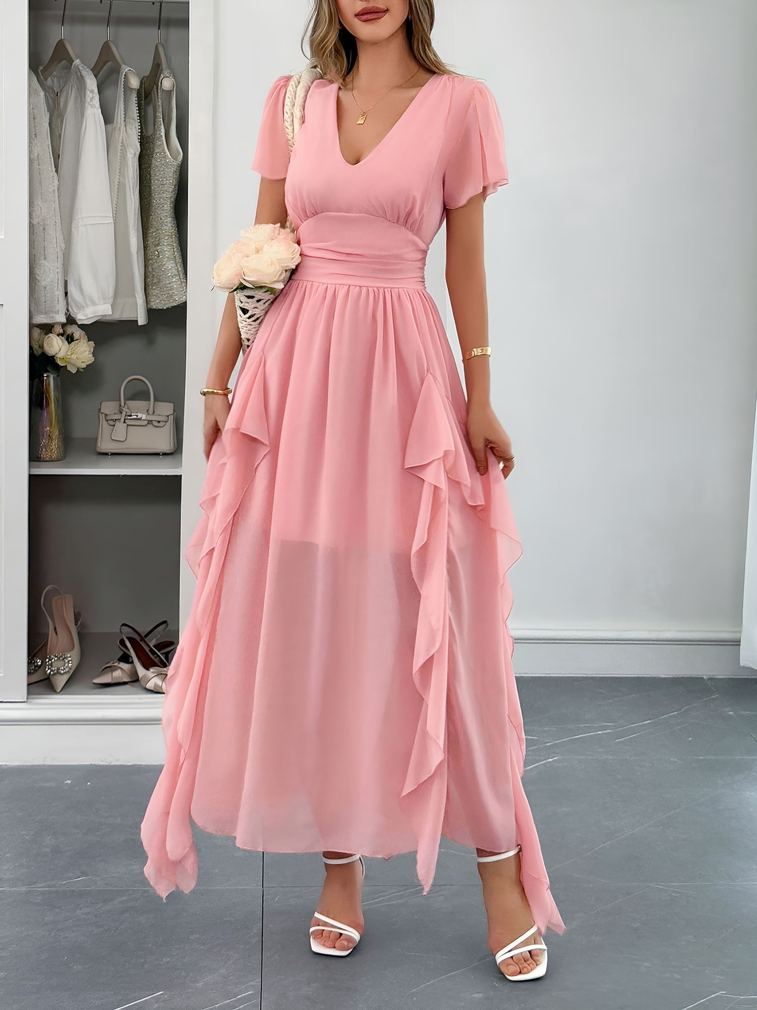 V Neck Ruffled Mesh Short Sleeve Maxi Dress