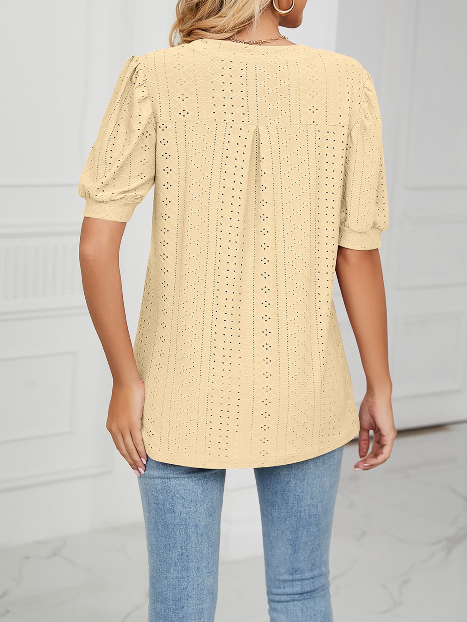 Notch Neck Solid Color Puff Sleeve Textured Blouse