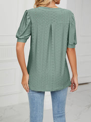 Notch Neck Solid Color Puff Sleeve Textured Blouse
