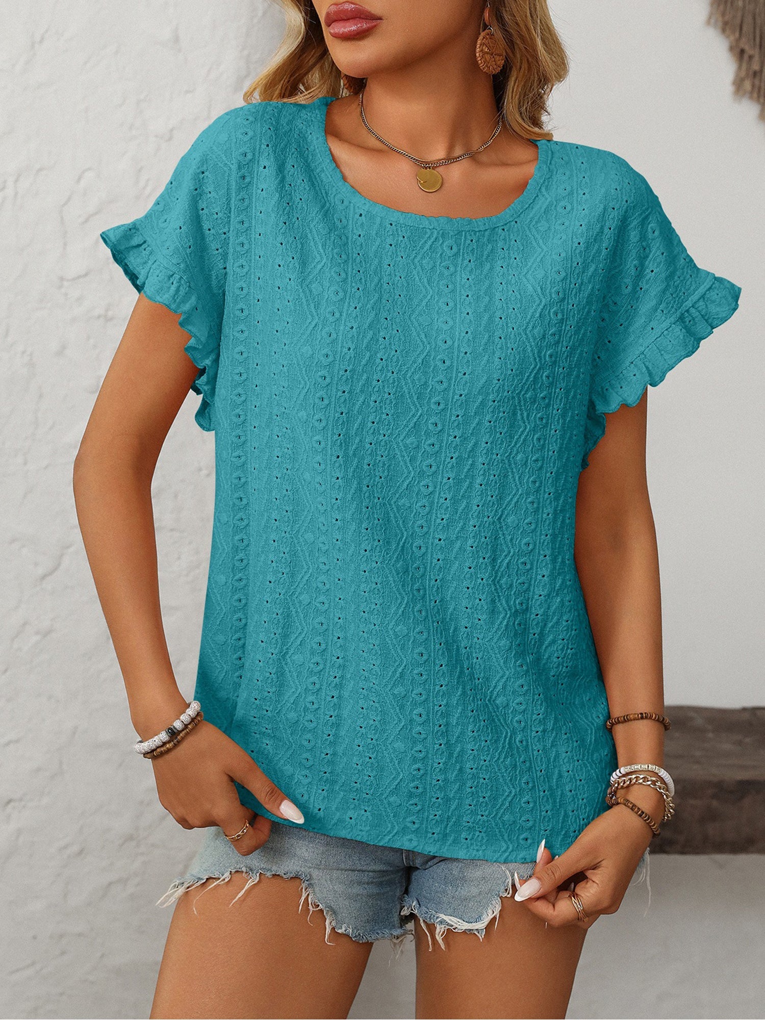 Round Neck Short Sleeve Eyelet Ruffled Blouse