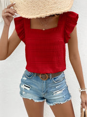 Square Neck Ruffled Cap Sleeves Textured Blouse