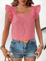 Gingham Square Neck Ruffled Cap Sleeves Blouse