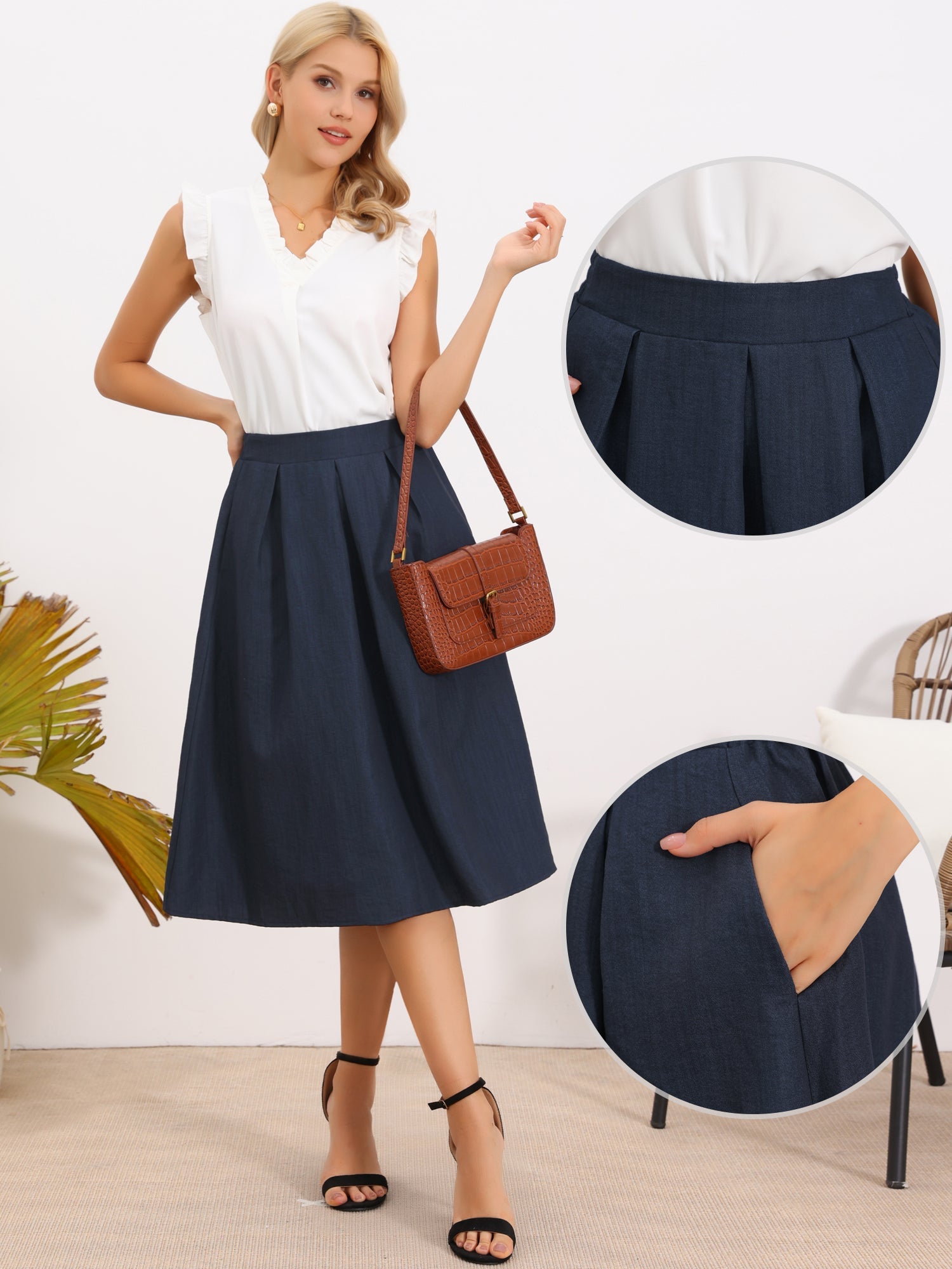 Pleated High Waisted Vintage A-Line Business Casual Midi Skirts