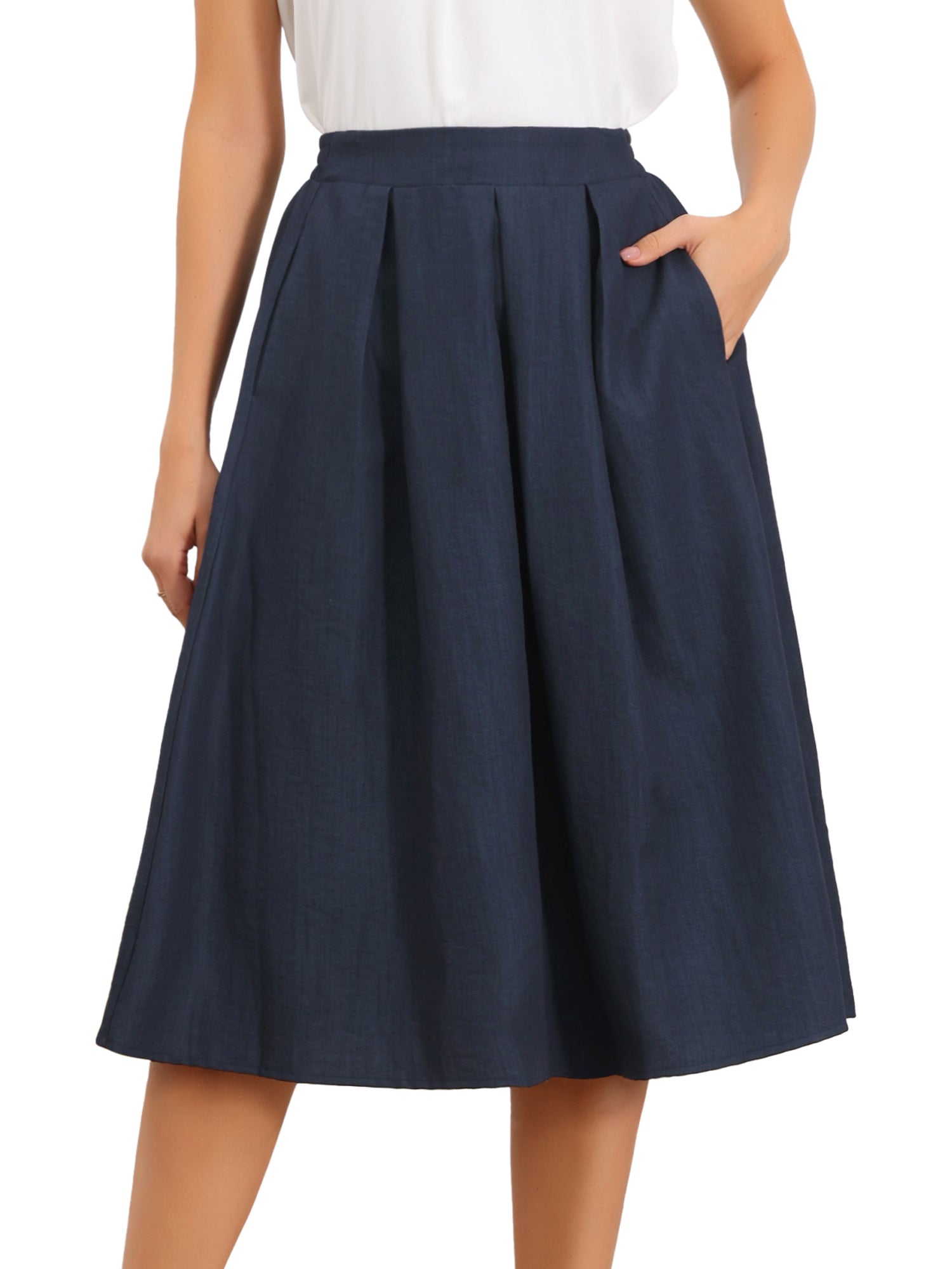 Pleated High Waisted Vintage A-Line Business Casual Midi Skirts