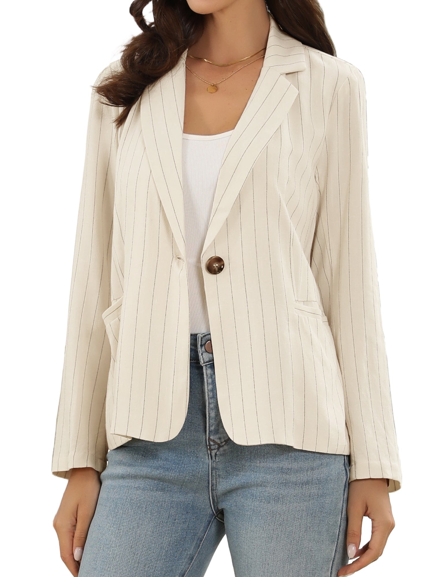 Striped Notched Collar Single Button Office Blazer