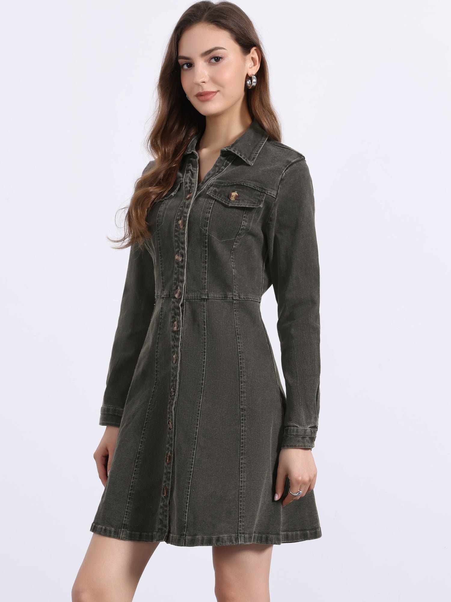 Button Down Collar V Neck Long Sleeve A-line Jean Denim Dress