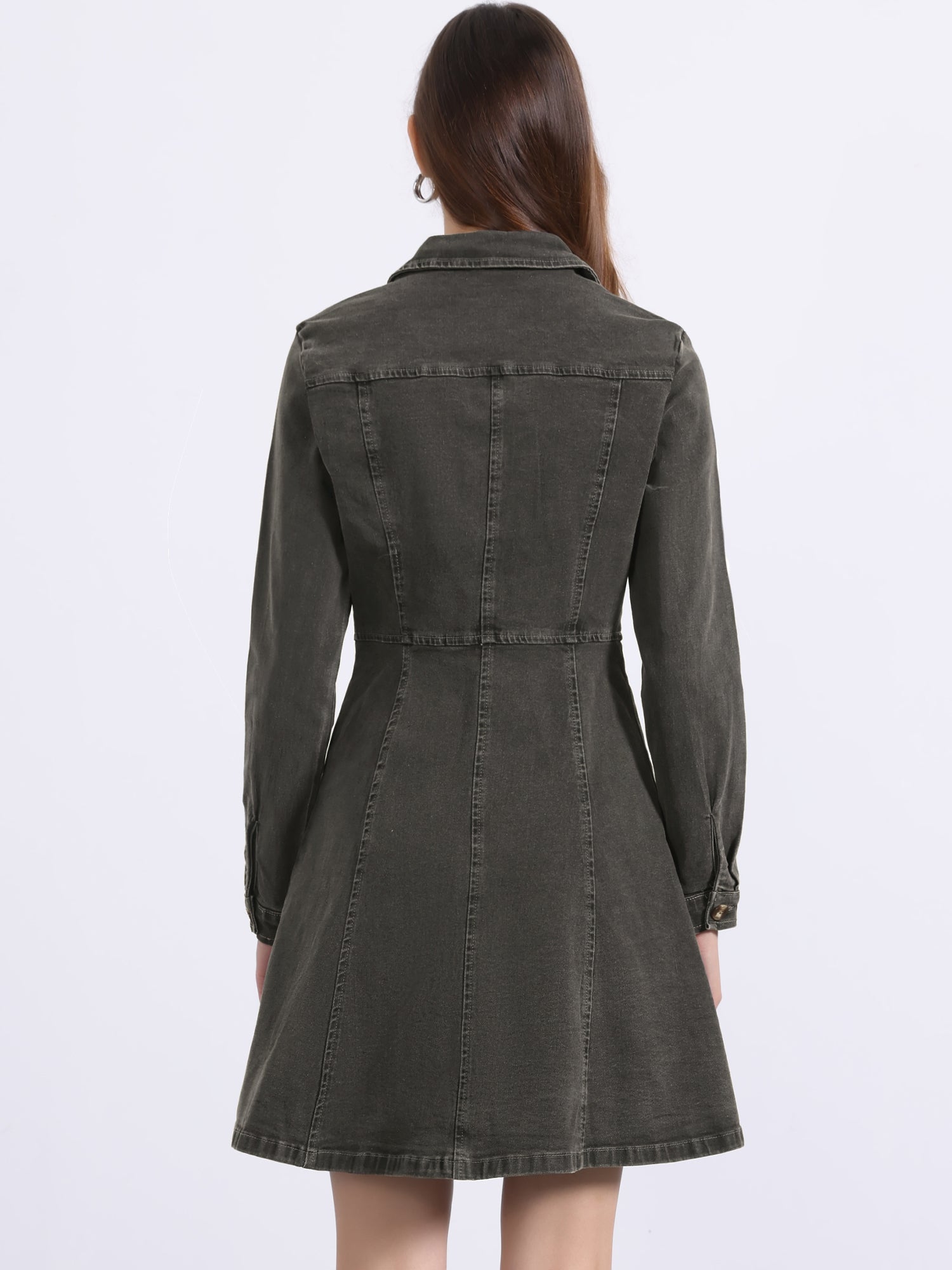 Button Down Collar V Neck Long Sleeve A-line Jean Denim Dress