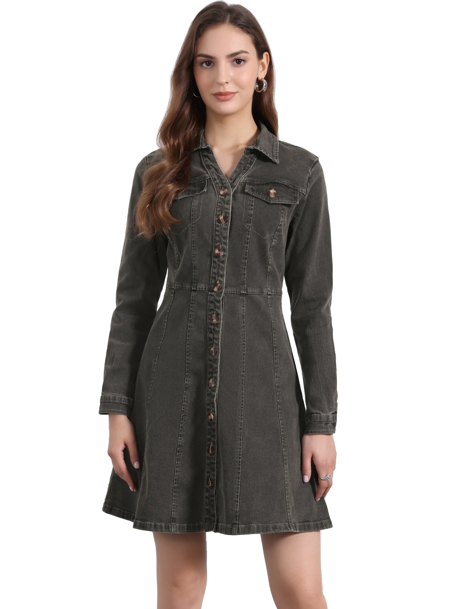 Button Down Collar V Neck Long Sleeve A-line Jean Denim Dress