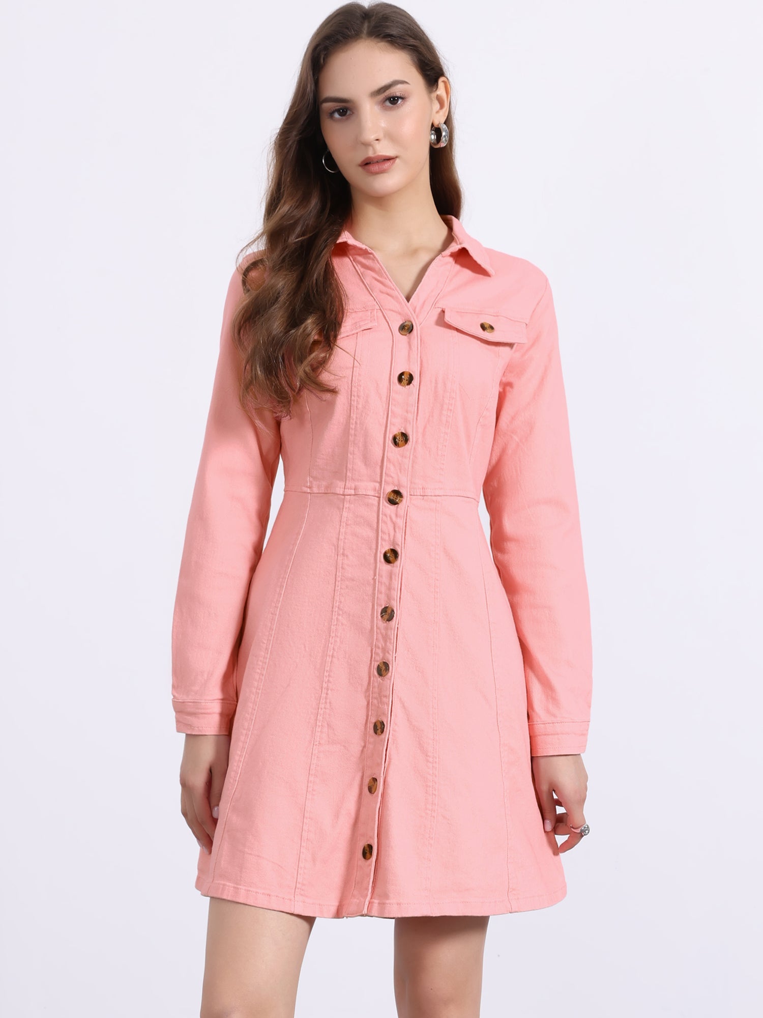 Button Down Collar V Neck Long Sleeve A-line Jean Denim Dress